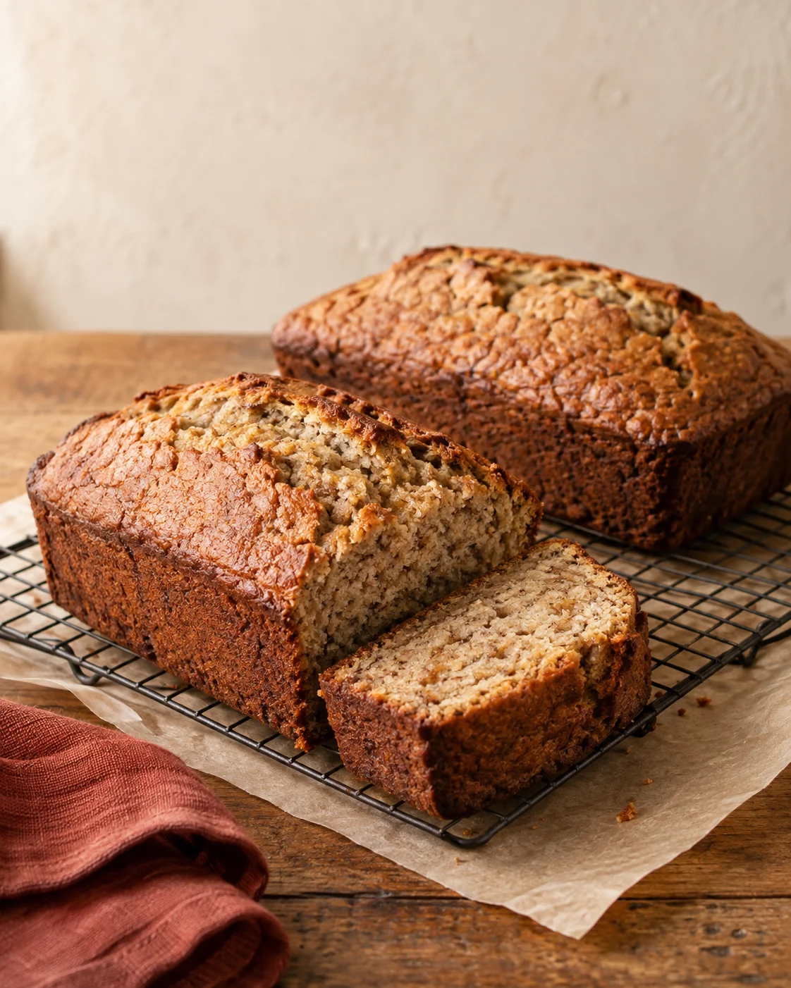 Illustrative banana bread loaves cooling on a baking rack
