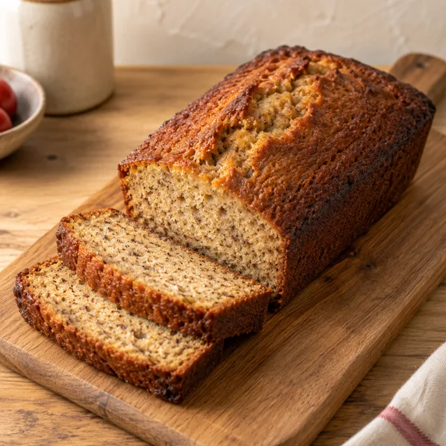 Illustrative banana bread loaf with two slices on a wooden board