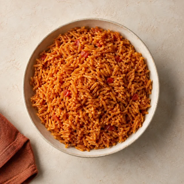 Illustrative bowl of tomato-orange Nigerian jollof rice