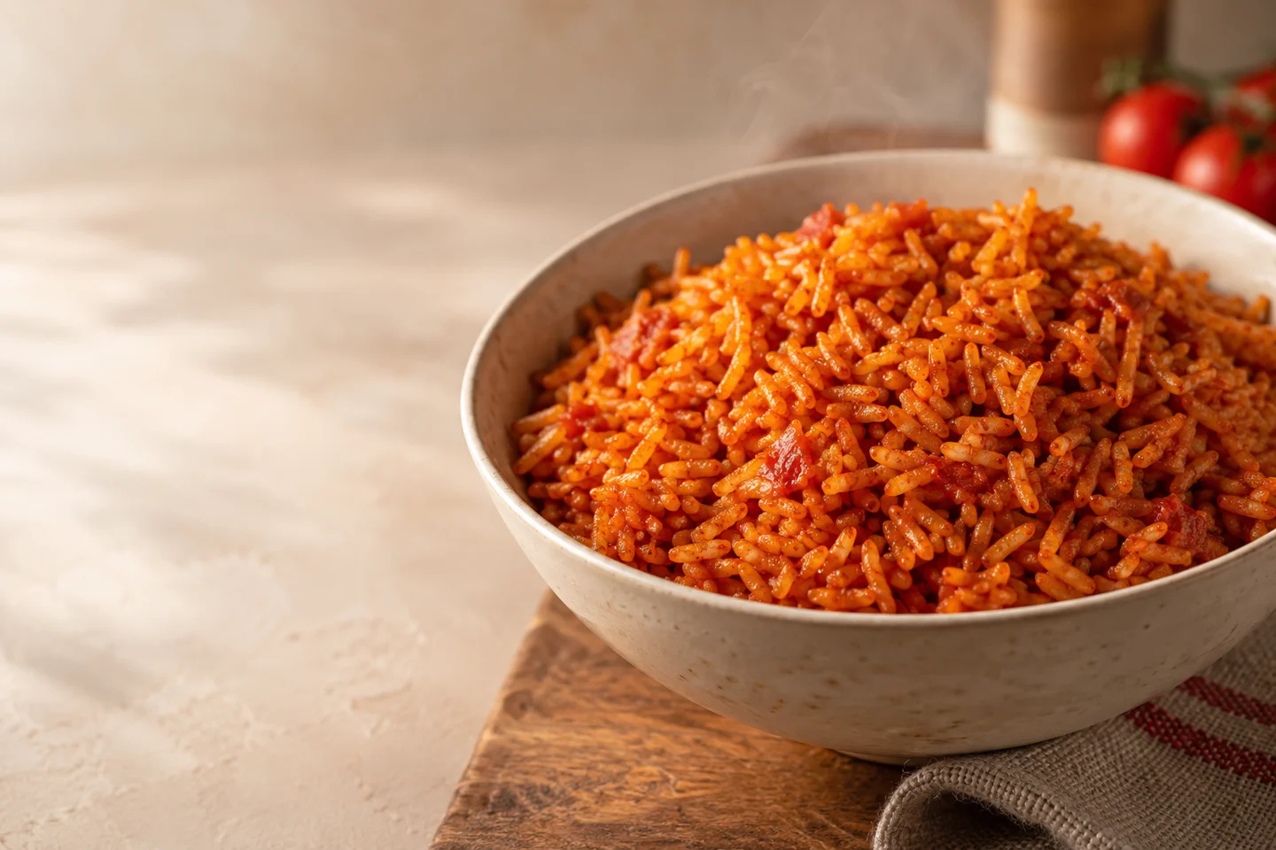 Illustrative Nigerian jollof rice in a cream ceramic bowl