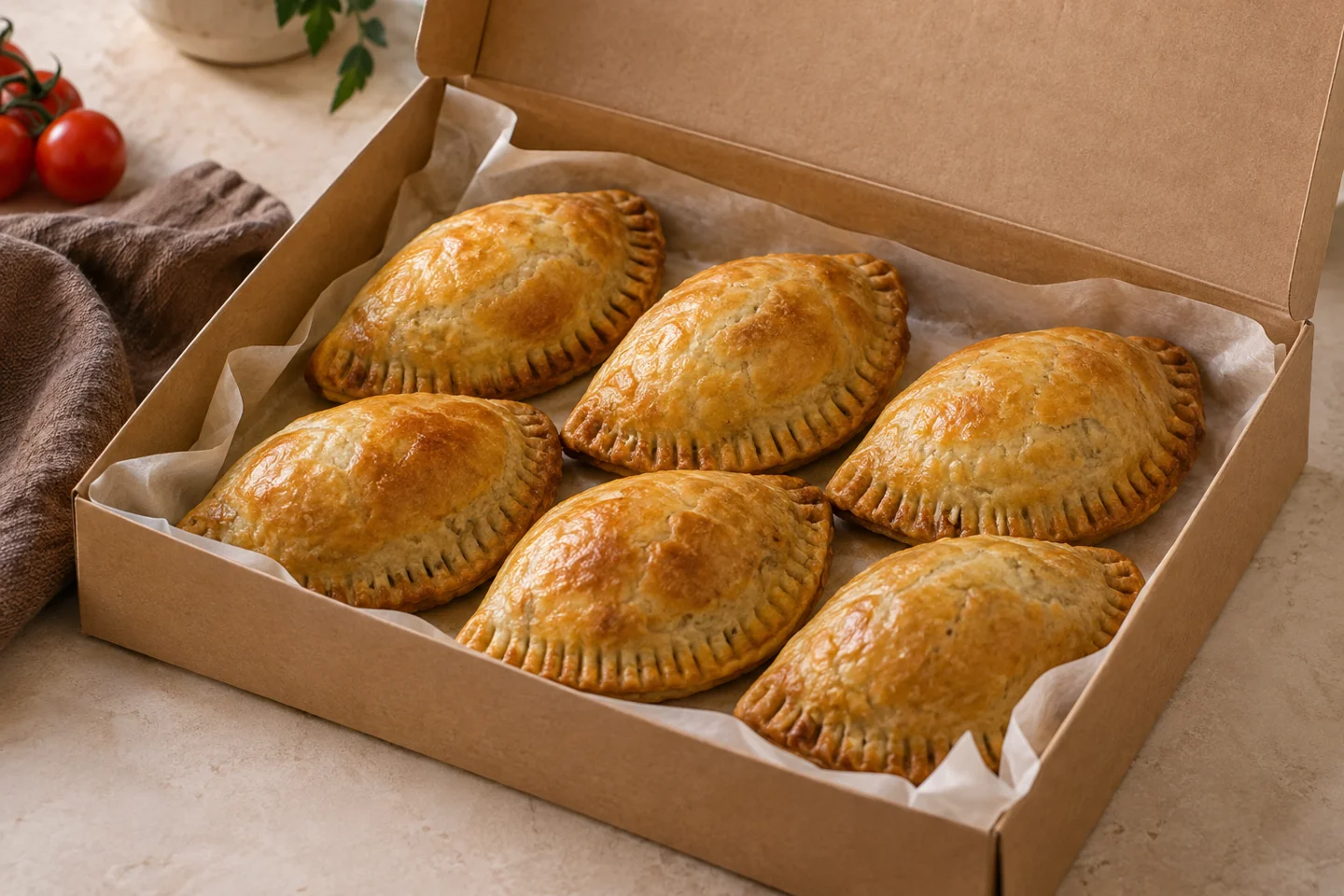 Illustrative box of golden meat pies for sharing