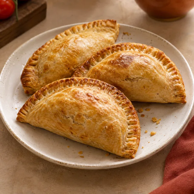 Illustrative golden half-moon meat pies with crimped pastry edges
